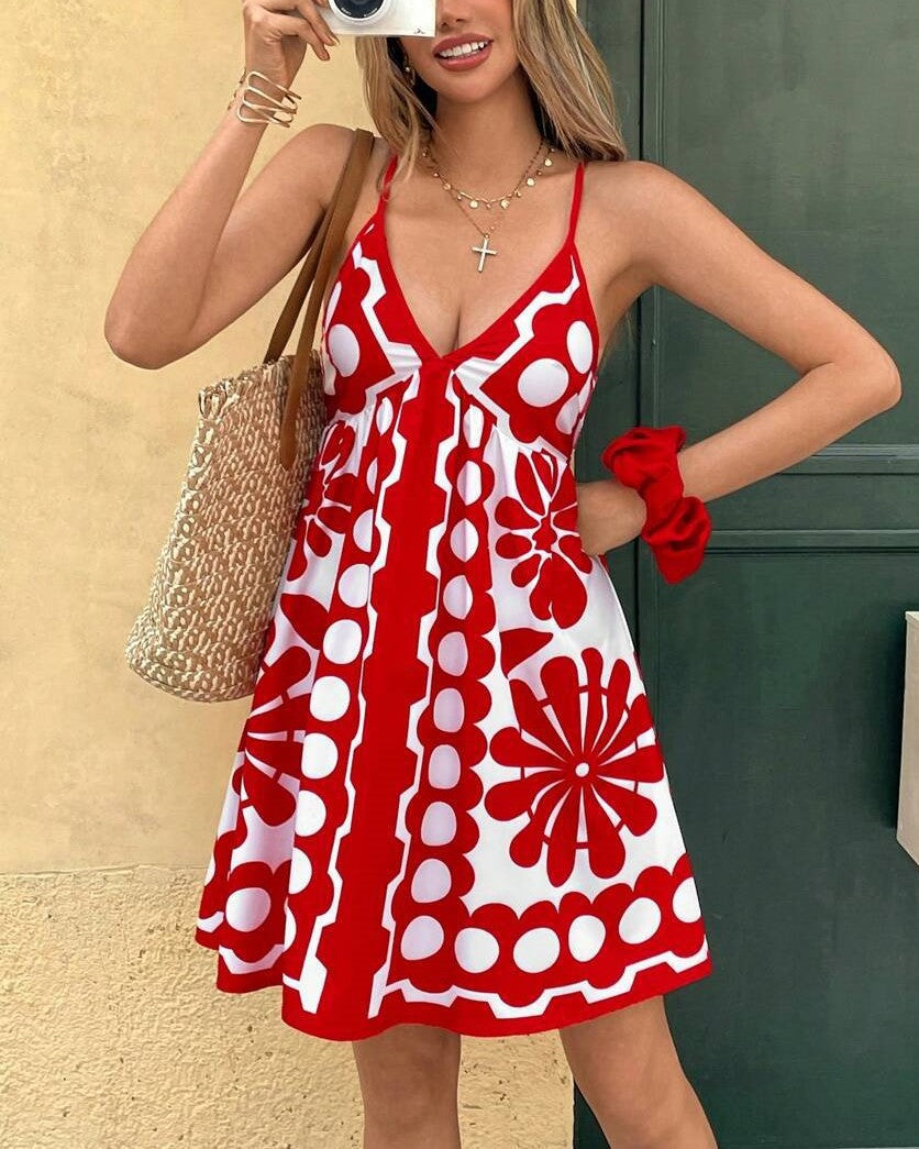 Retro Floral Cami Babydoll Mini Dress - Red - 1