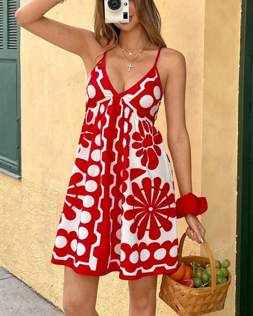 Retro Floral Cami Babydoll Mini Dress - Red - 2