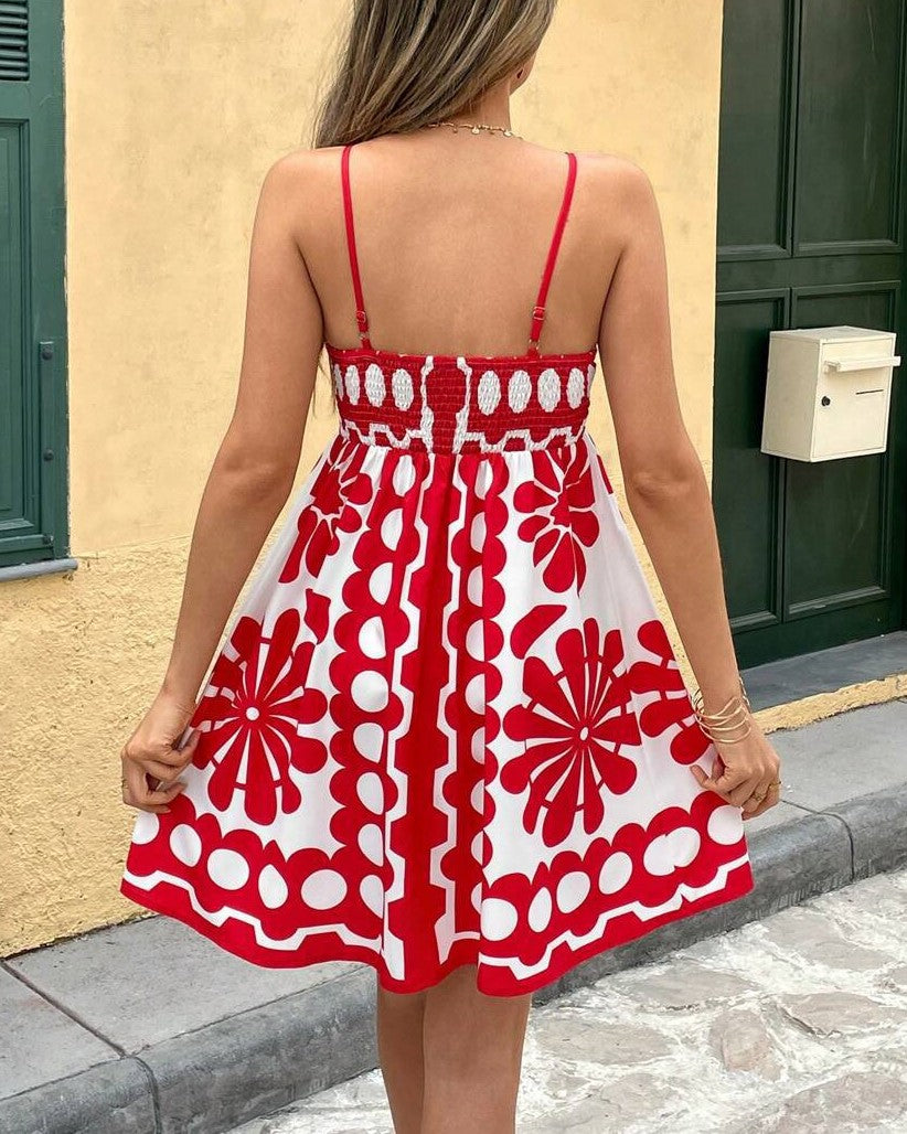 Retro Floral Cami Babydoll Mini Dress - Red - 3