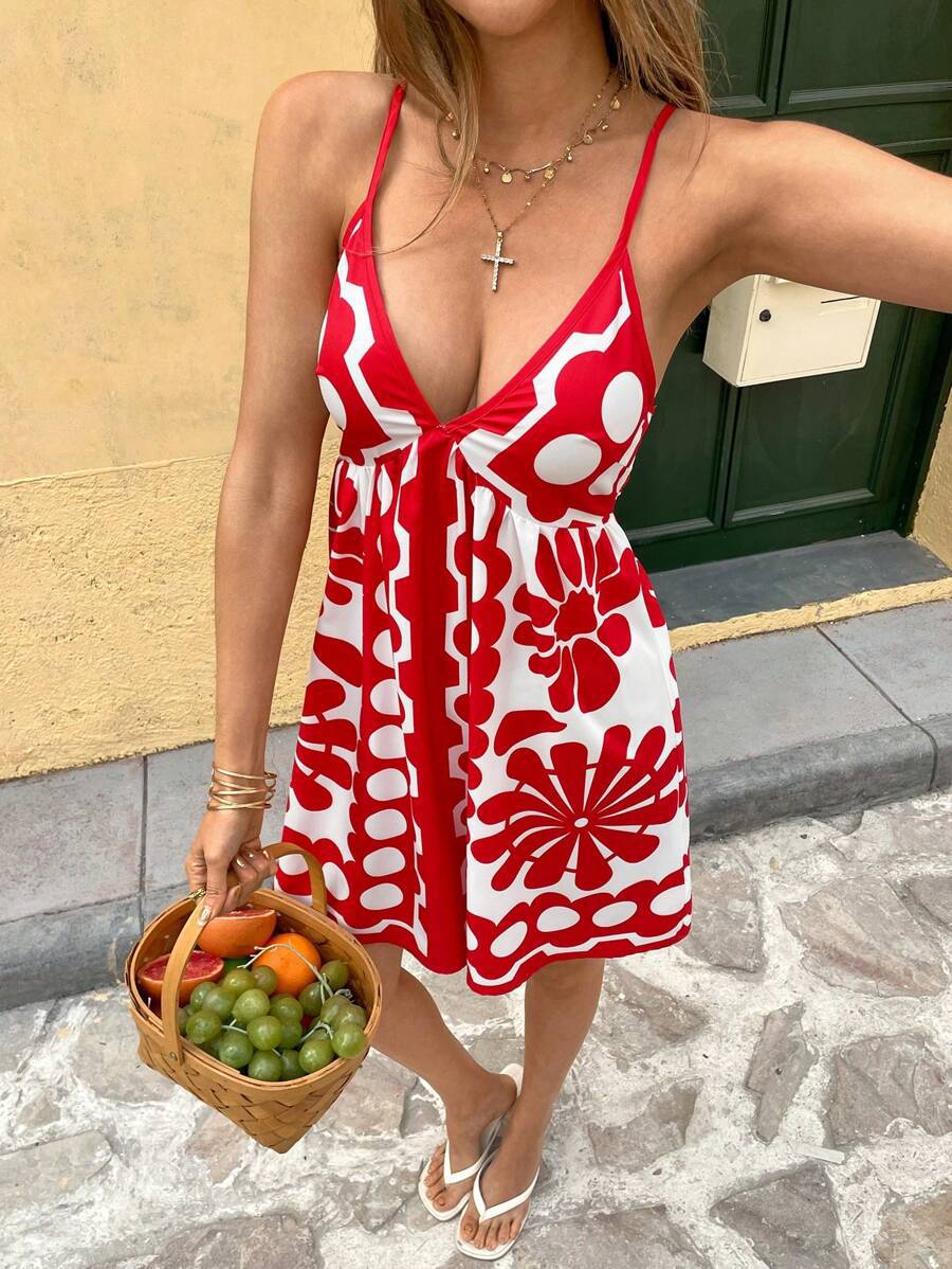 Retro Floral Cami Babydoll Mini Dress - Red - 4