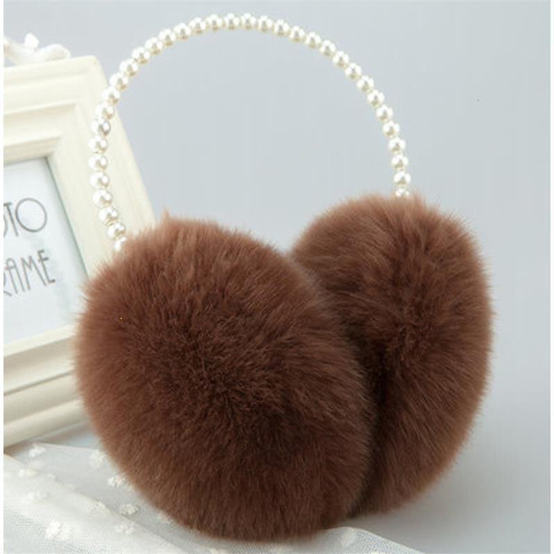 Faux Fur Earmuffs With Pearl Trim Band - Coffee
