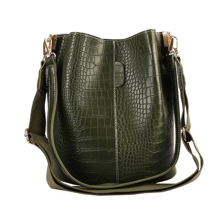 Croc Embossed Bucket Bag with Wide Strap
