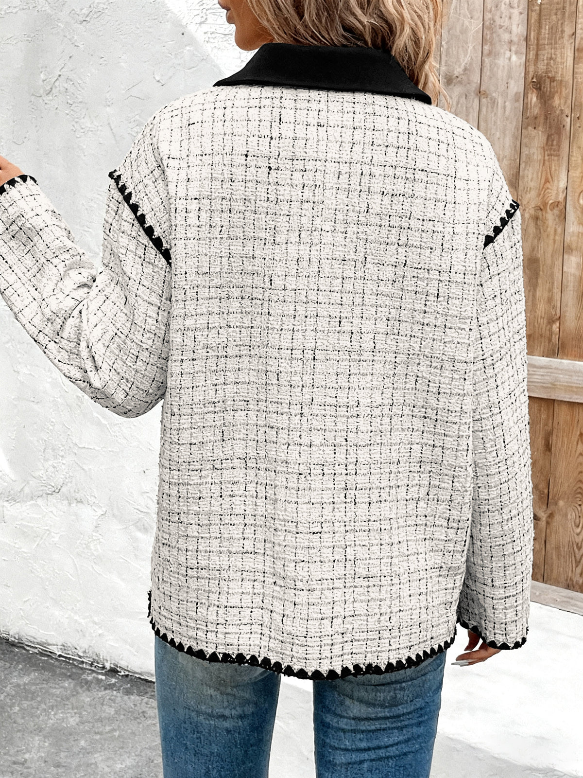 Contrast Collar Tweed Pocket Jacket - White - 2