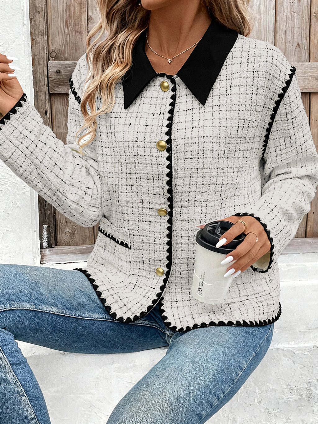 Contrast Collar Tweed Pocket Jacket - White - 3