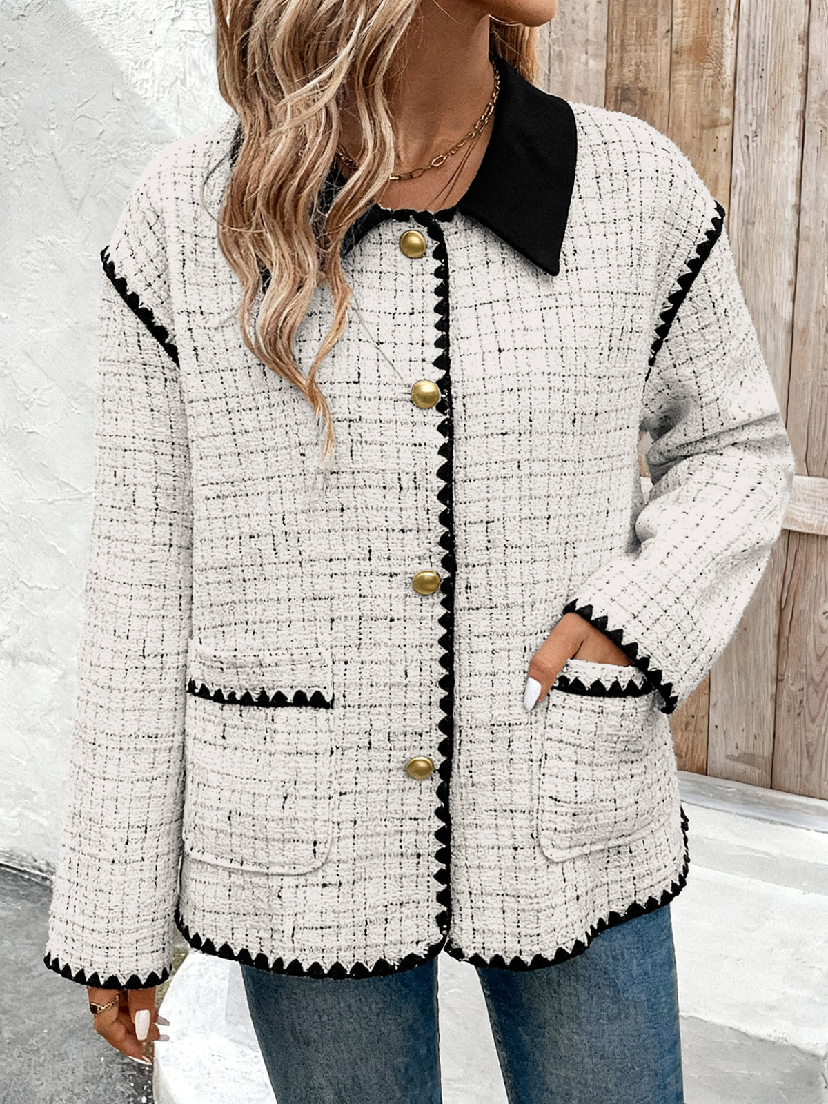 Contrast Collar Tweed Pocket Jacket - White - 4