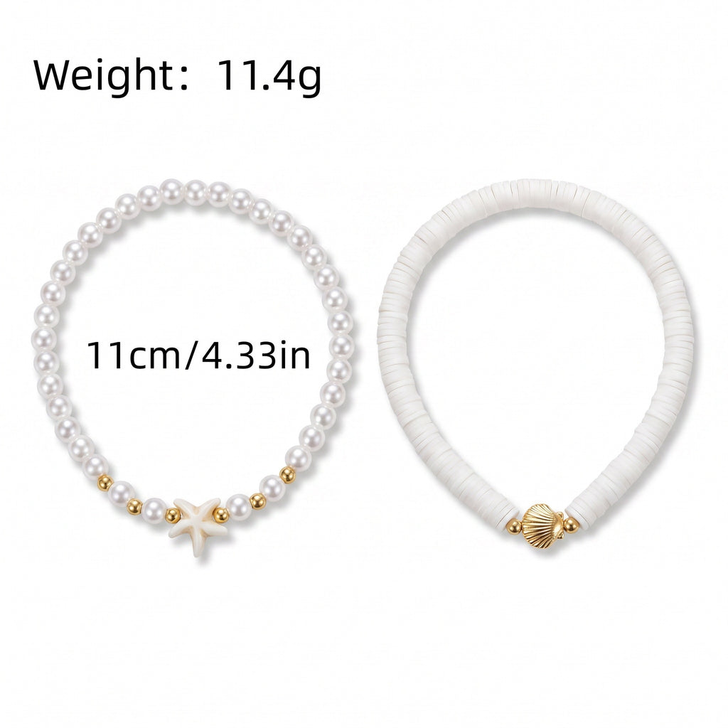 Boho Starfish Charm Beaded Anklet Set - White - 1