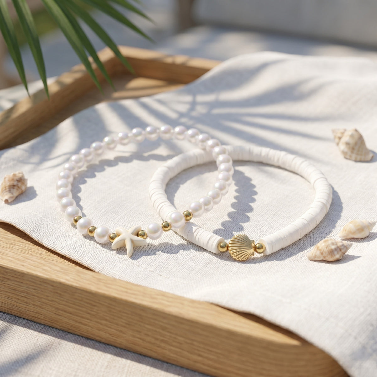 Boho Starfish Charm Beaded Anklet Set - White - 3