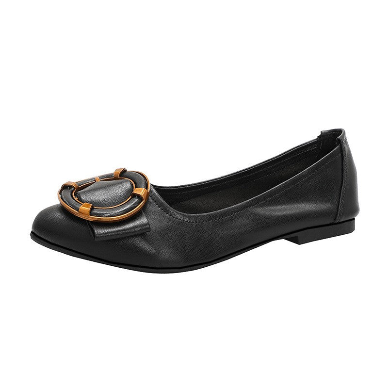 Pointed Toe Ring Buckle Ballet Flats - Black
