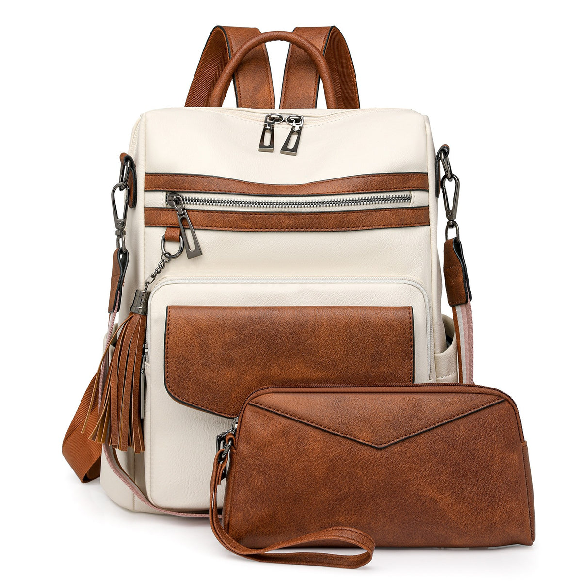 Convertible Backpack Purse with Wristlet - Cream Brown