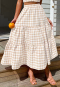 Gingham Tiered Elastic Waist Maxi Skirt - Apricot