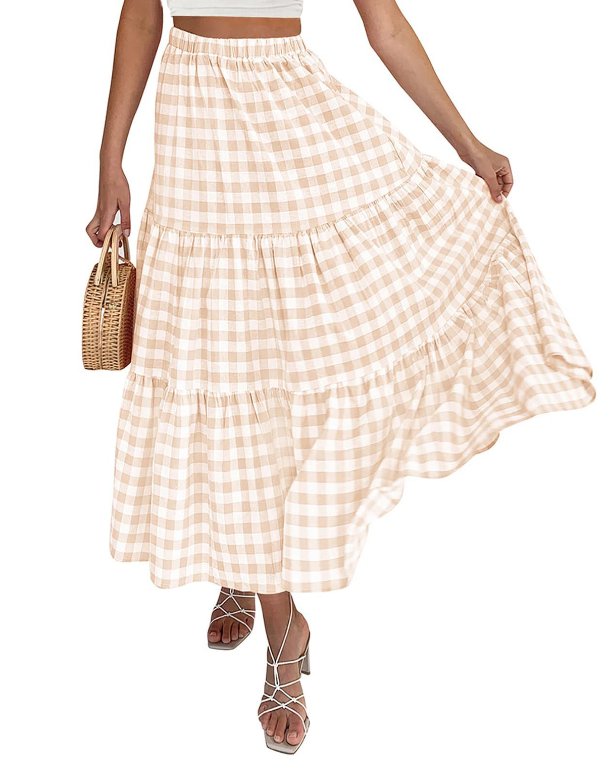 Gingham Tiered Elastic Waist Maxi Skirt - Apricot - 1