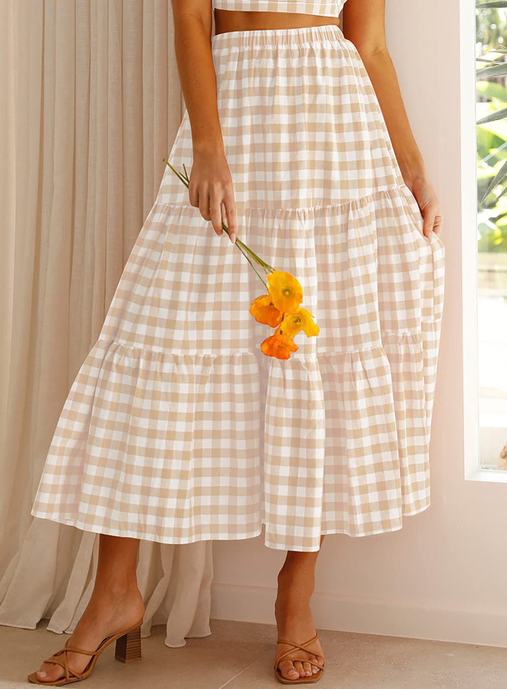 Gingham Tiered Elastic Waist Maxi Skirt - Apricot - 2