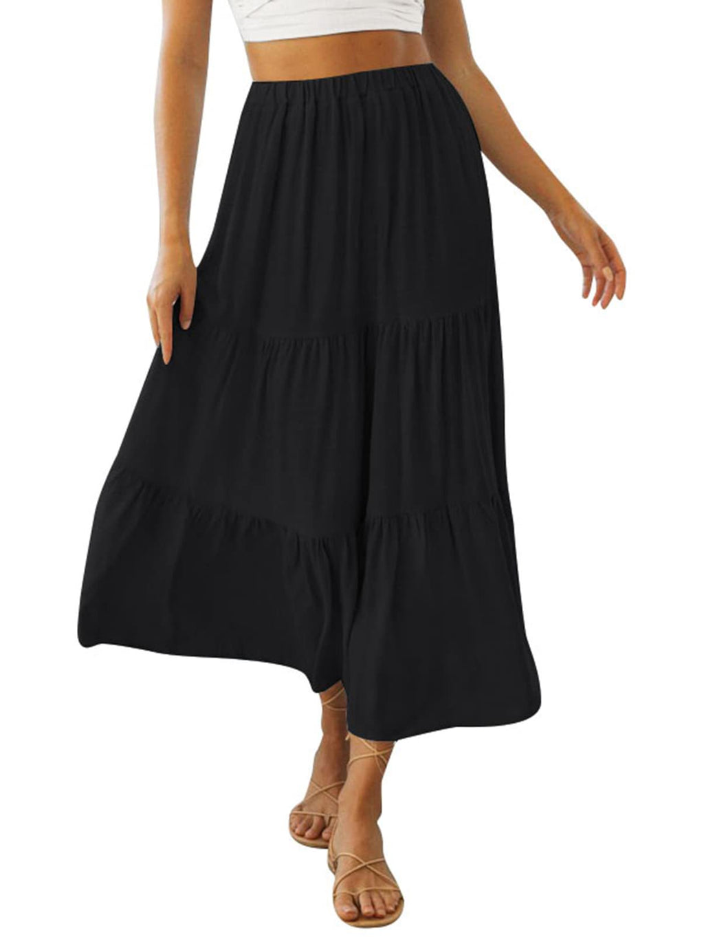 Gingham Tiered Elastic Waist Maxi Skirt - Black