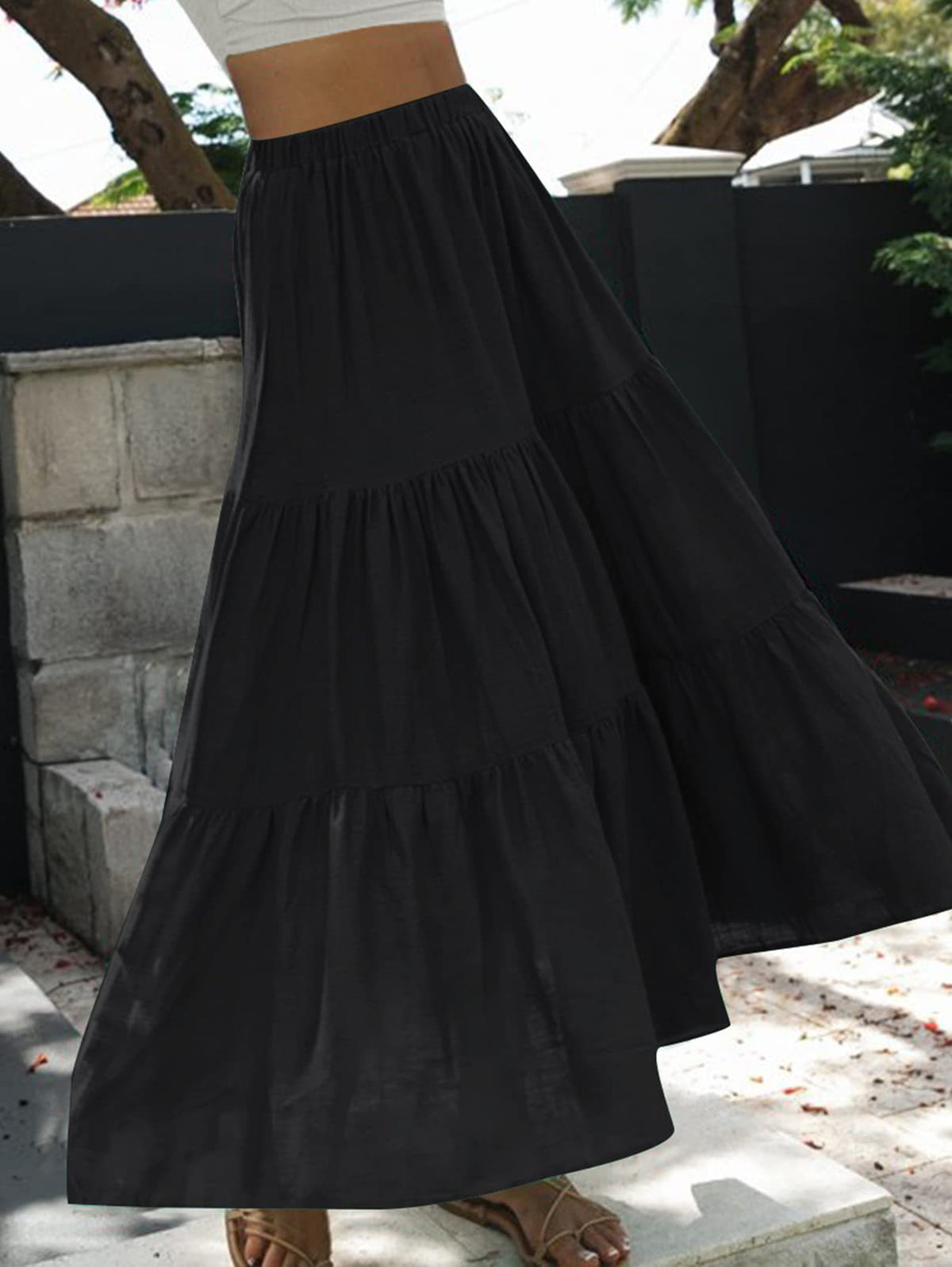 Gingham Tiered Elastic Waist Maxi Skirt - Black - 1