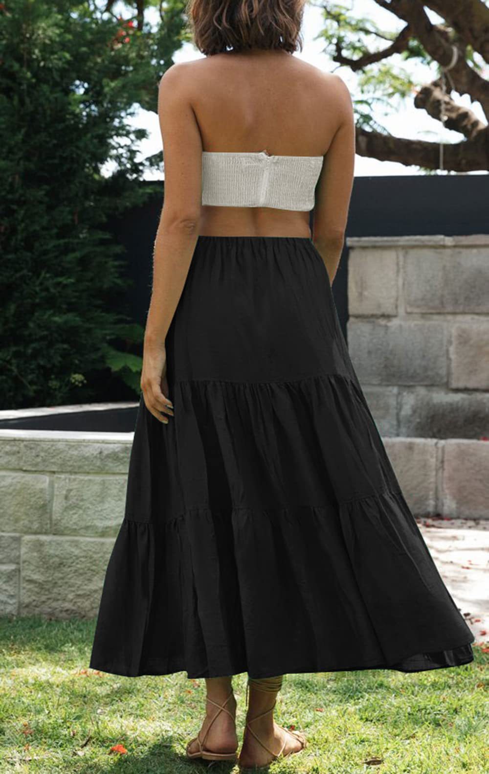 Gingham Tiered Elastic Waist Maxi Skirt - Black - 2