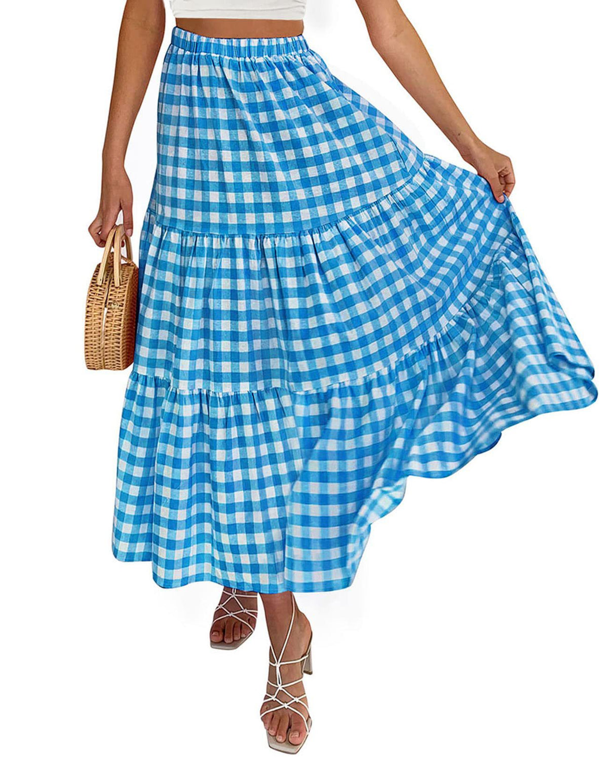 Gingham Tiered Elastic Waist Maxi Skirt - Blue