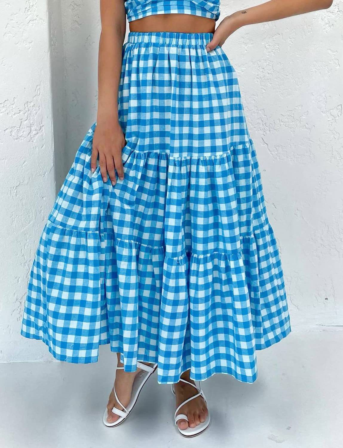 Gingham Tiered Elastic Waist Maxi Skirt - Blue - 1
