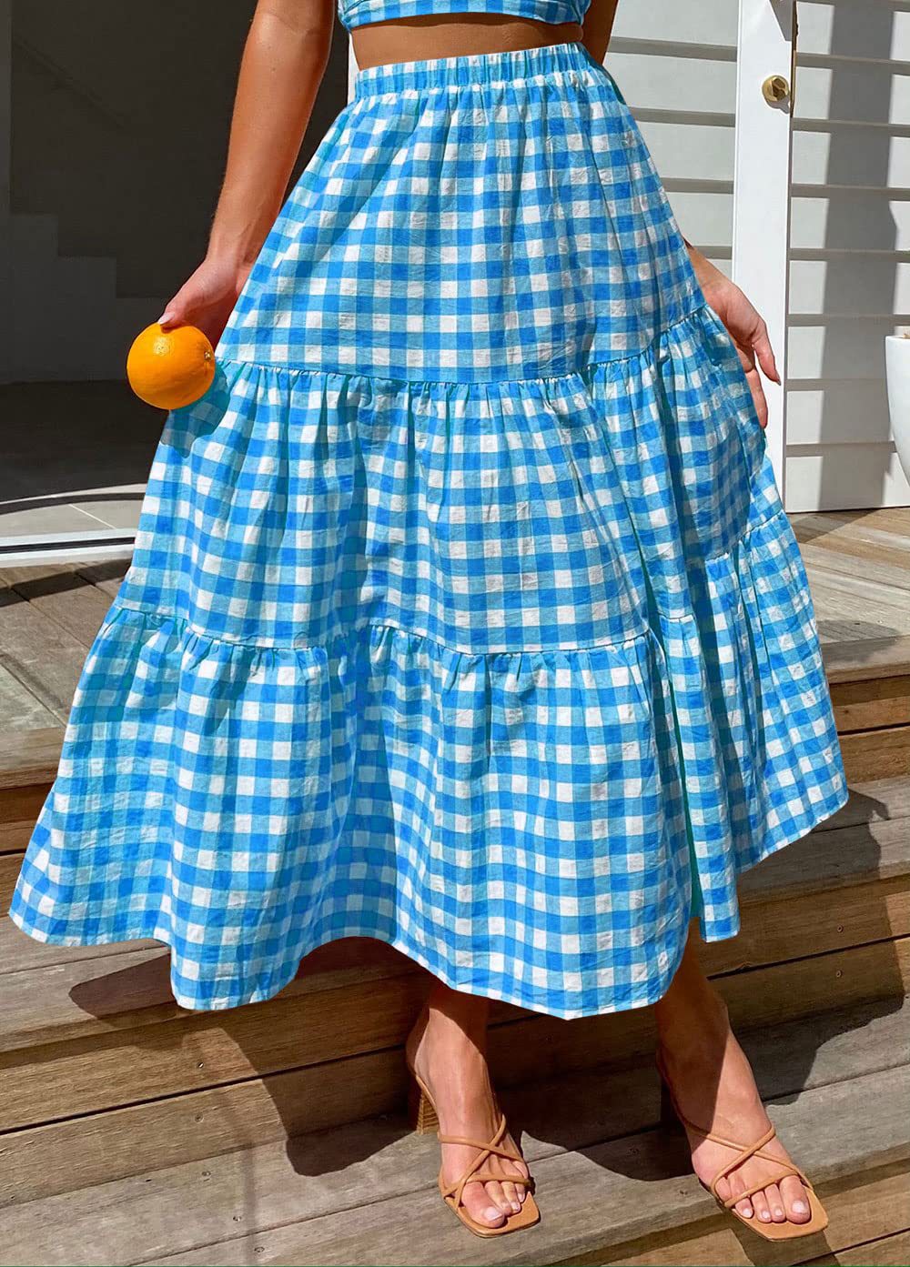 Gingham Tiered Elastic Waist Maxi Skirt - Blue - 2