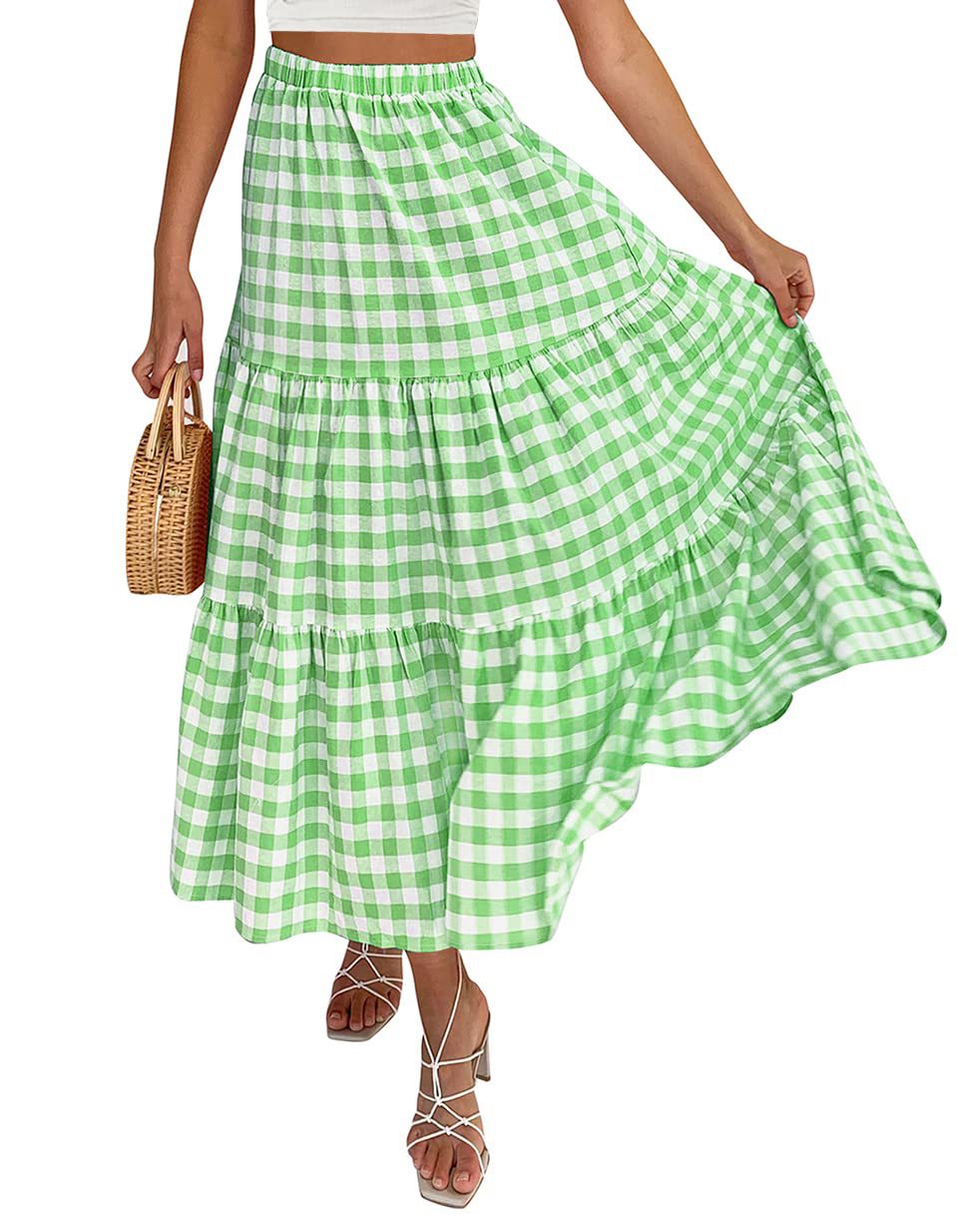Gingham Tiered Elastic Waist Maxi Skirt - Green