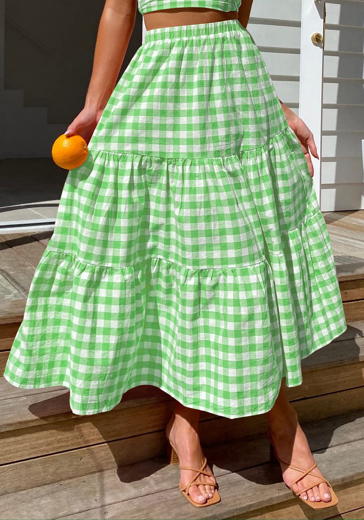 Gingham Tiered Elastic Waist Maxi Skirt - Green - 1