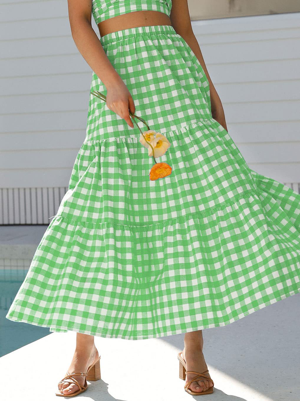 Gingham Tiered Elastic Waist Maxi Skirt - Green - 2