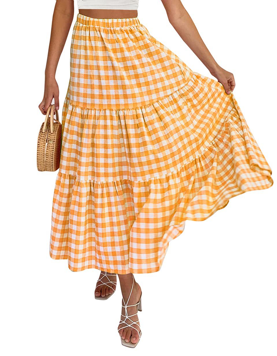 Gingham Tiered Elastic Waist Maxi Skirt - Orange
