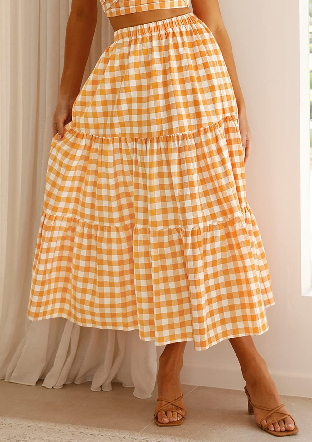 Gingham Tiered Elastic Waist Maxi Skirt - Orange - 1