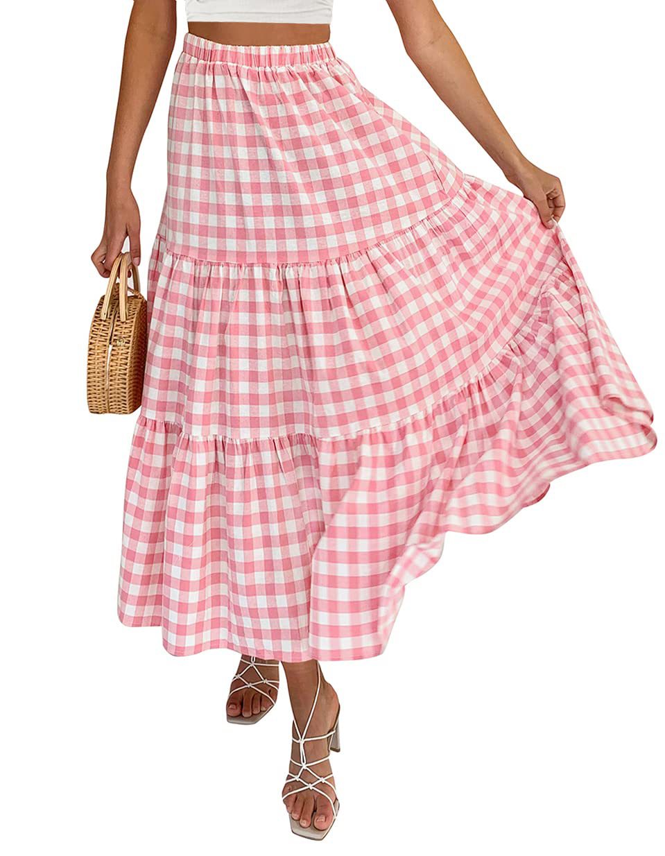 Gingham Tiered Elastic Waist Maxi Skirt - Pink
