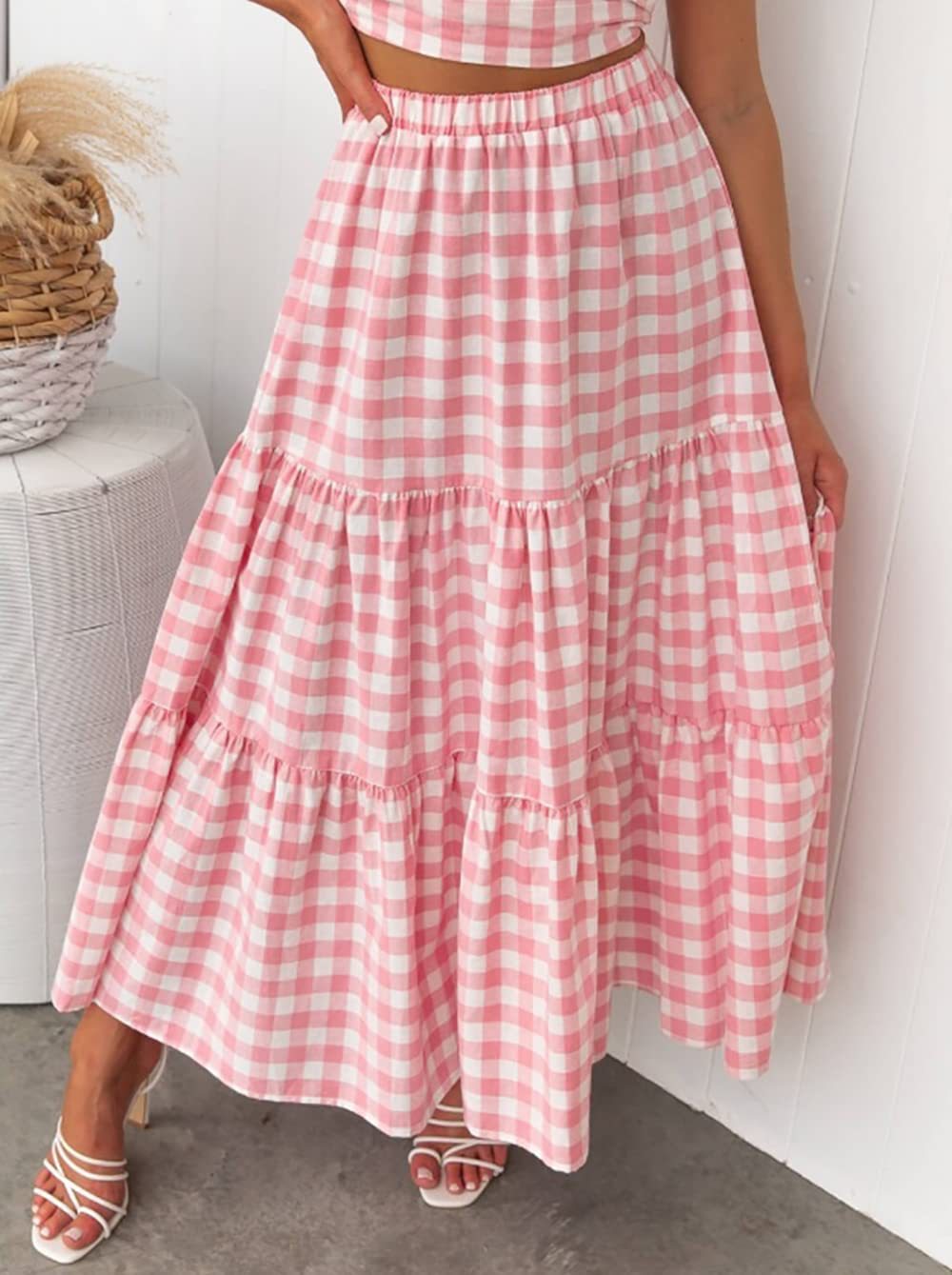Gingham Tiered Elastic Waist Maxi Skirt - Pink - 1
