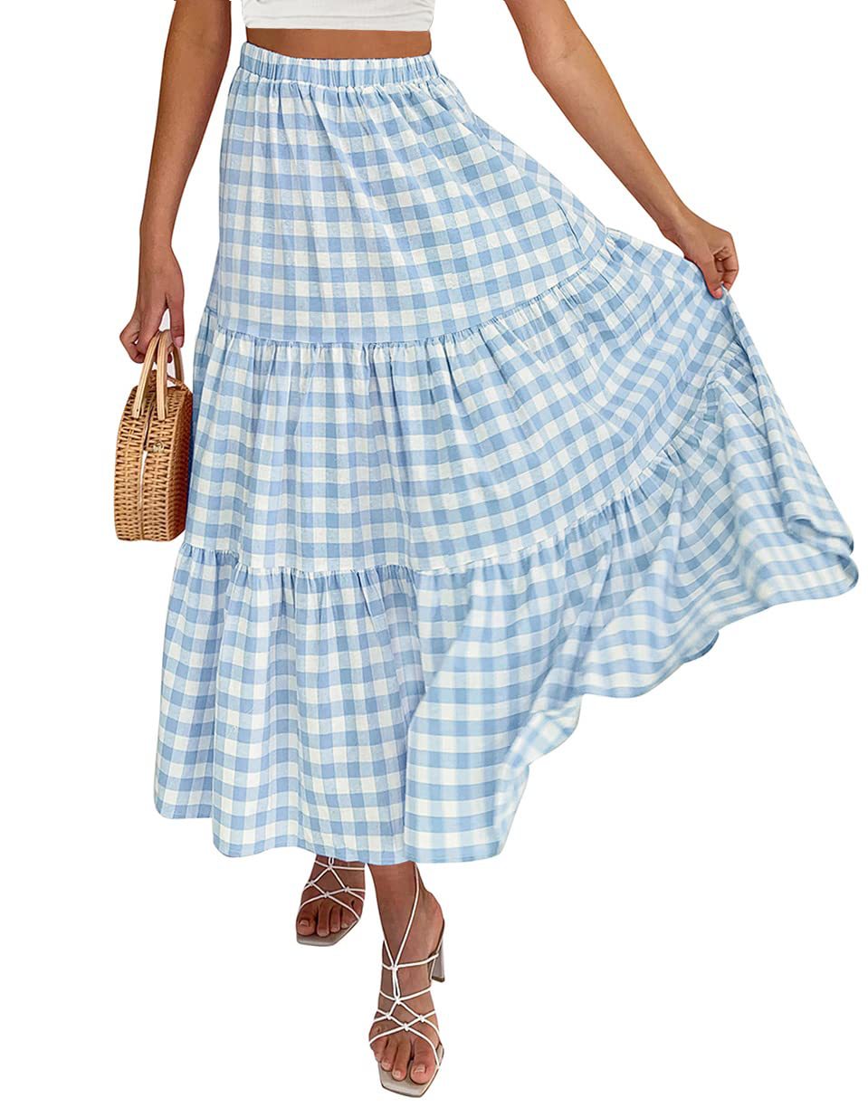 Gingham Tiered Elastic Waist Maxi Skirt - SkyBlue