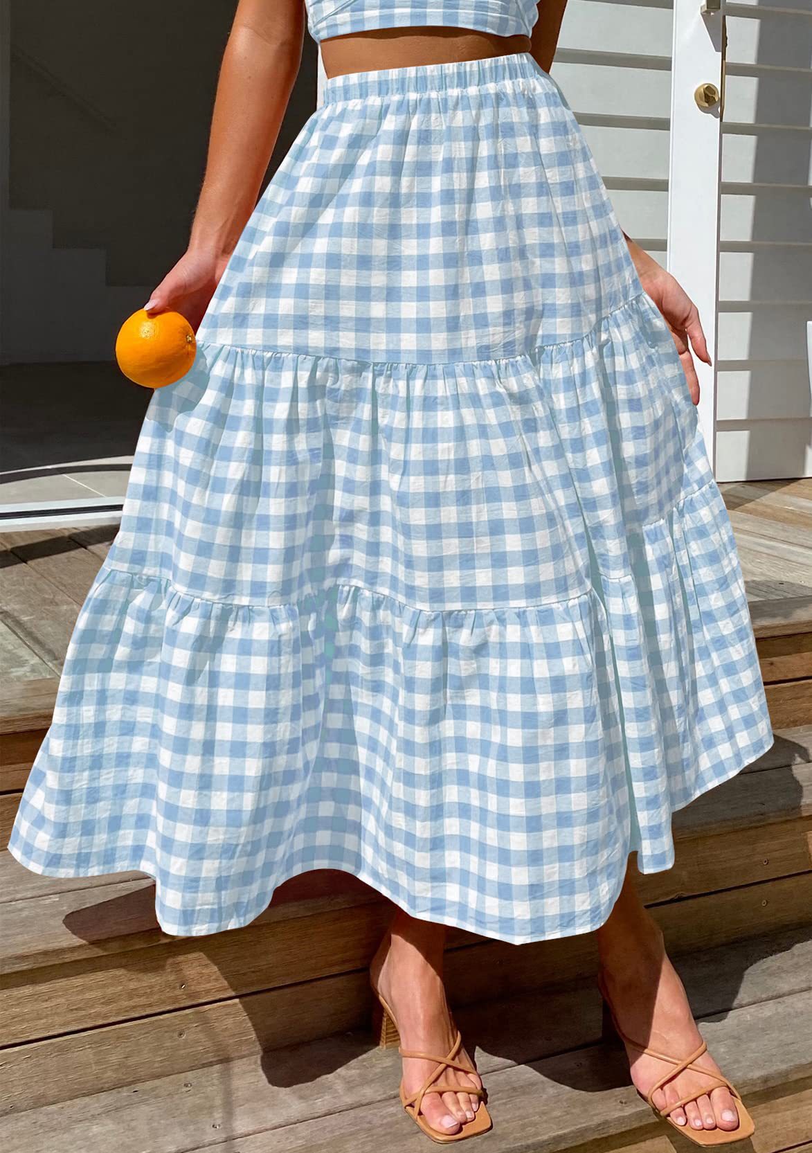 Gingham Tiered Elastic Waist Maxi Skirt - SkyBlue - 1