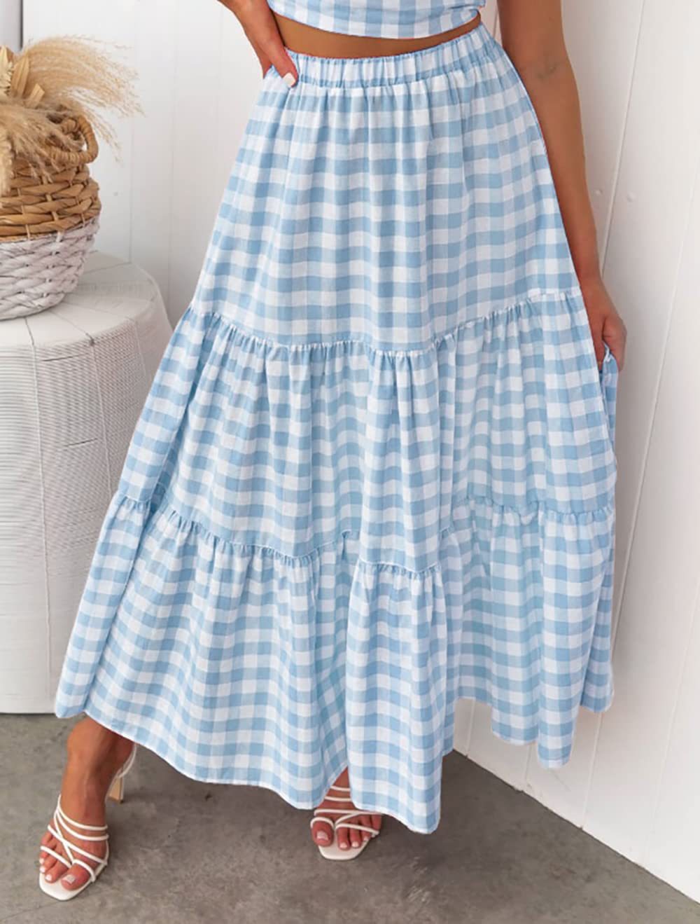 Gingham Tiered Elastic Waist Maxi Skirt - SkyBlue - 2
