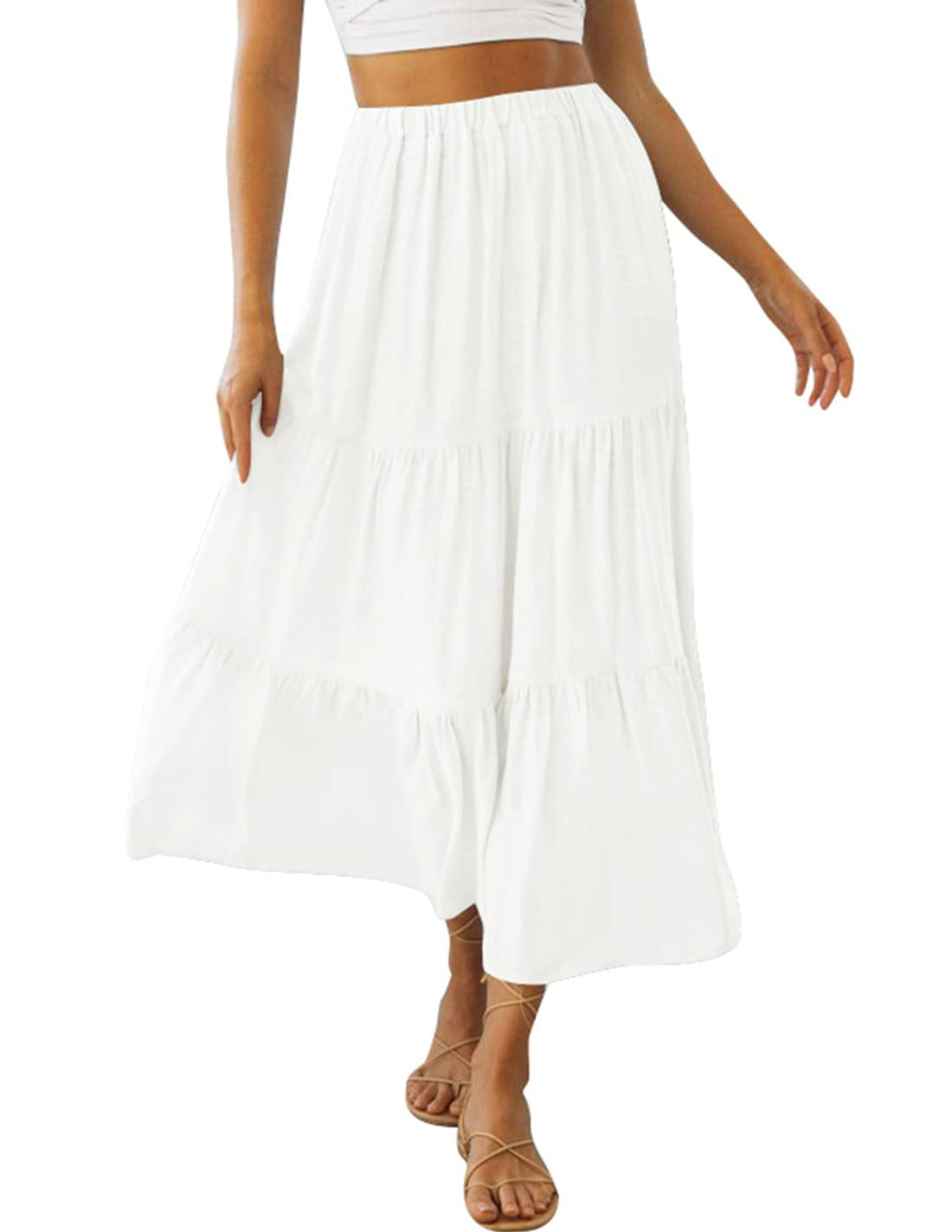 Gingham Tiered Elastic Waist Maxi Skirt - White