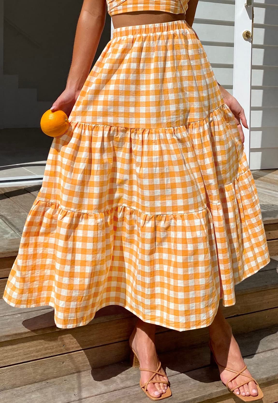 Gingham Tiered Elastic Waist Maxi Skirt