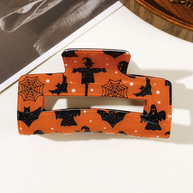 Spooky Ghost and Bat Halloween Hair Claw Clip - Orange