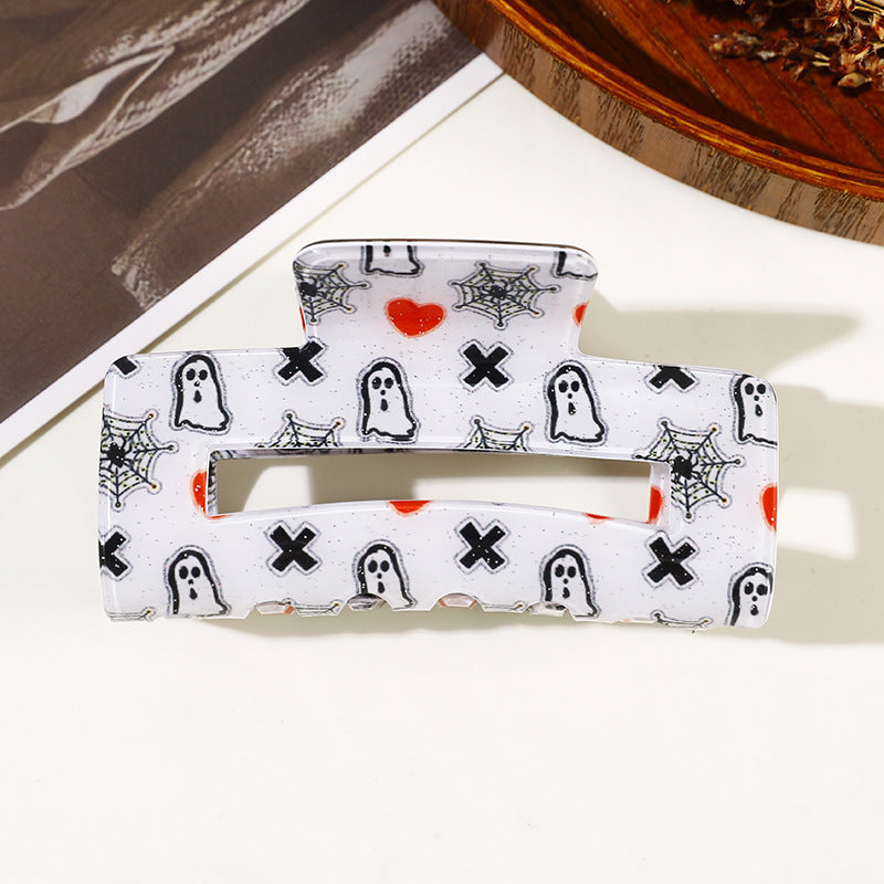 Spooky Ghost and Bat Halloween Hair Claw Clip - White