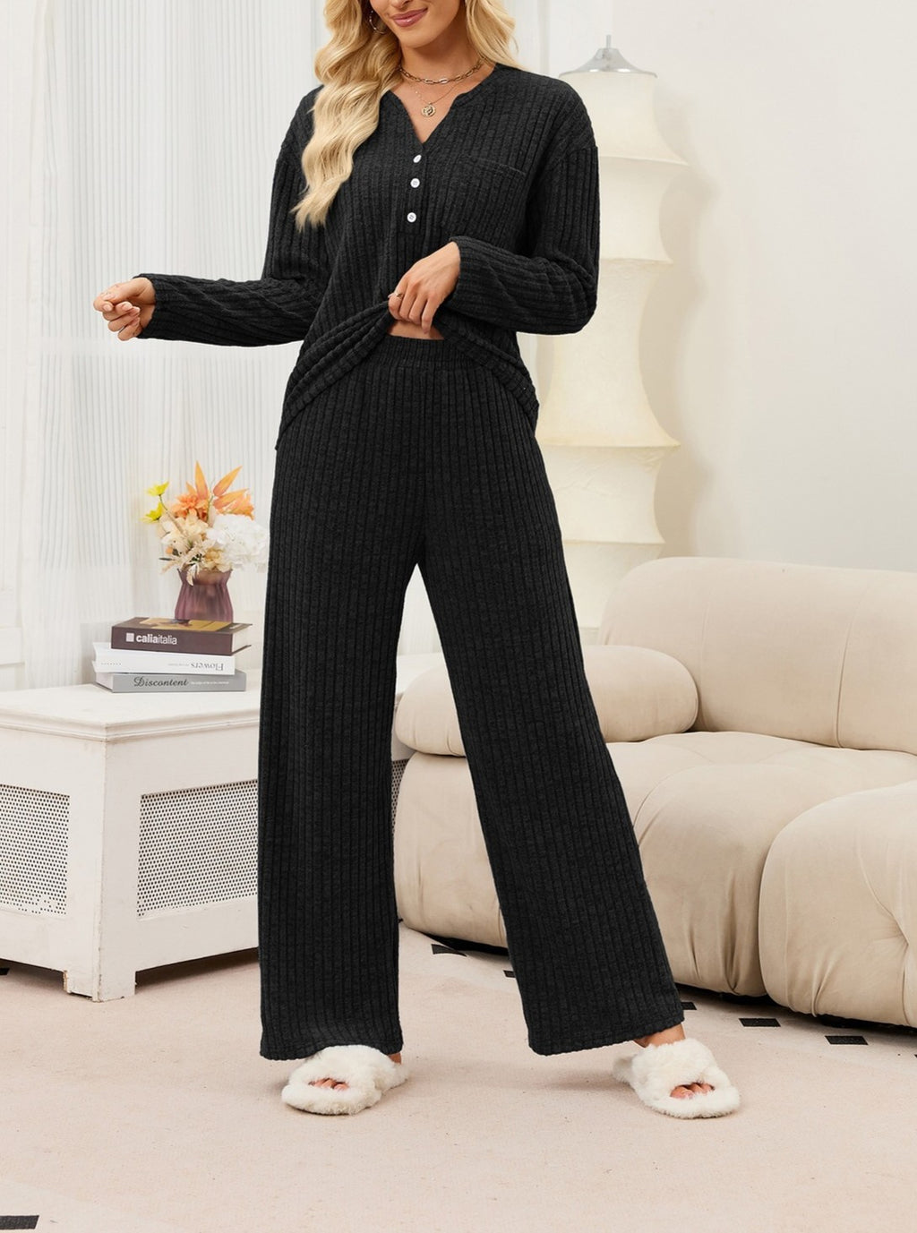 Ribbed Knit Henley Top and Wide Leg Pant Set - Black