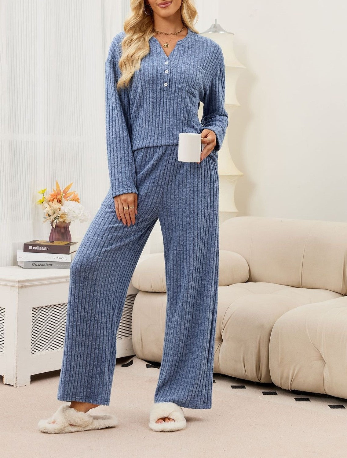 Ribbed Knit Henley Top and Wide Leg Pant Set - Blue
