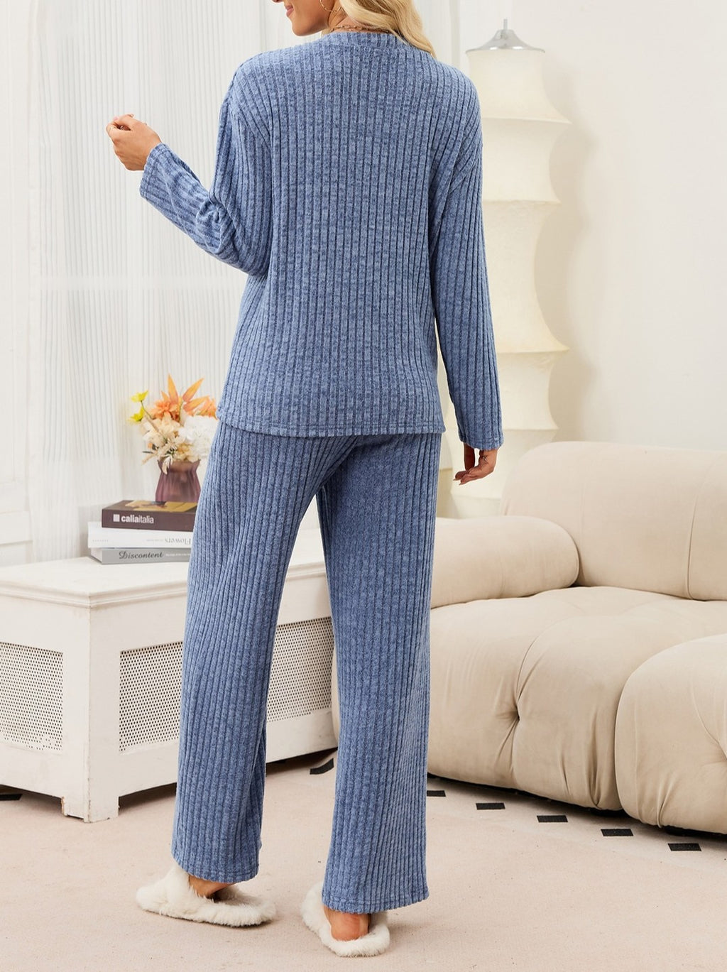 Ribbed Knit Henley Top and Wide Leg Pant Set - Blue - 2