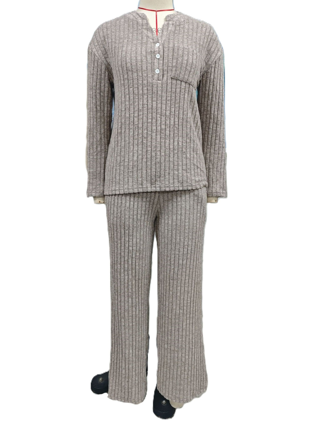Ribbed Knit Henley Top and Wide Leg Pant Set - Khaki