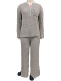 Ribbed Knit Henley Top and Wide Leg Pant Set - Khaki