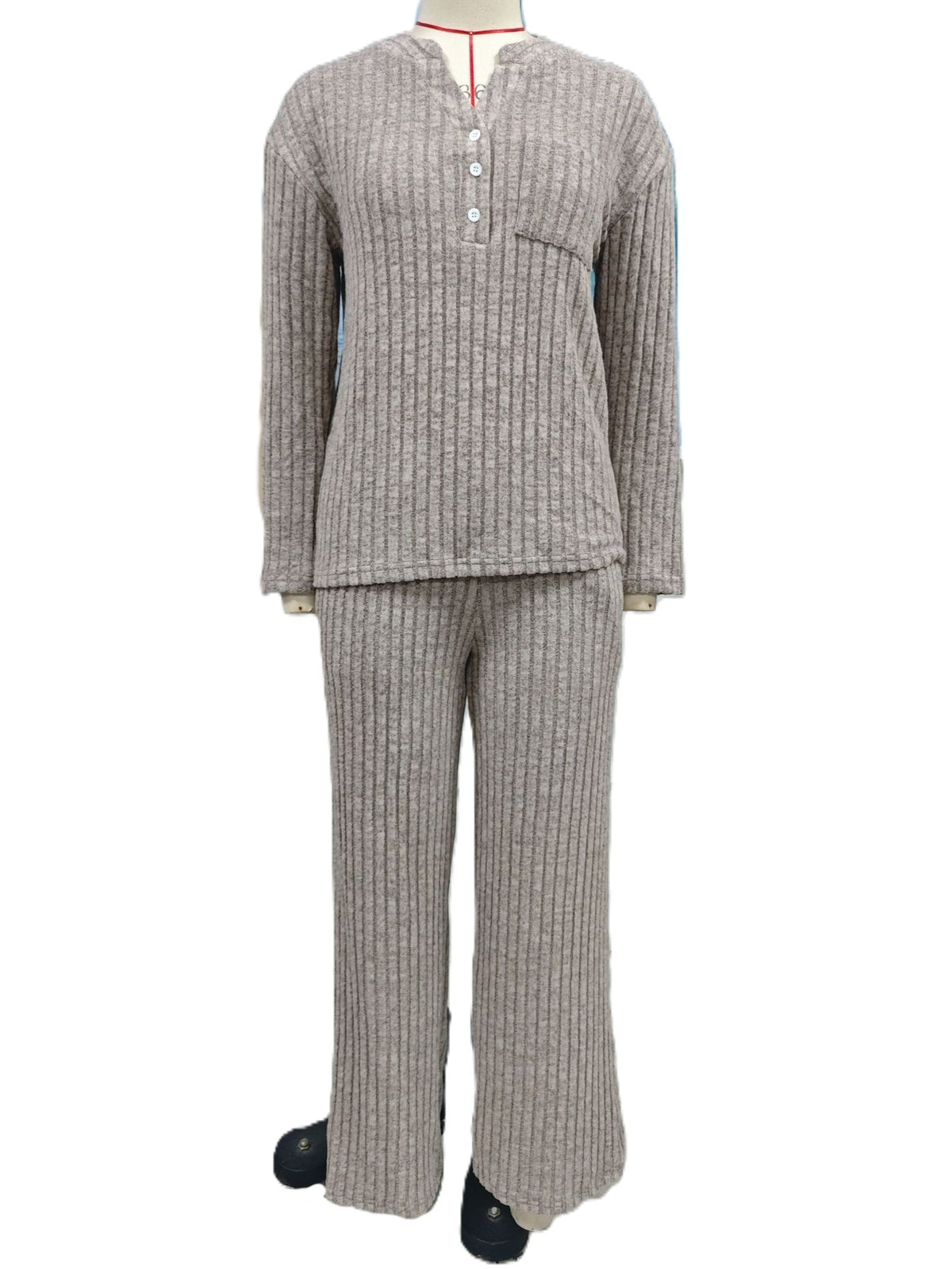 Ribbed Knit Henley Top and Wide Leg Pant Set - Khaki