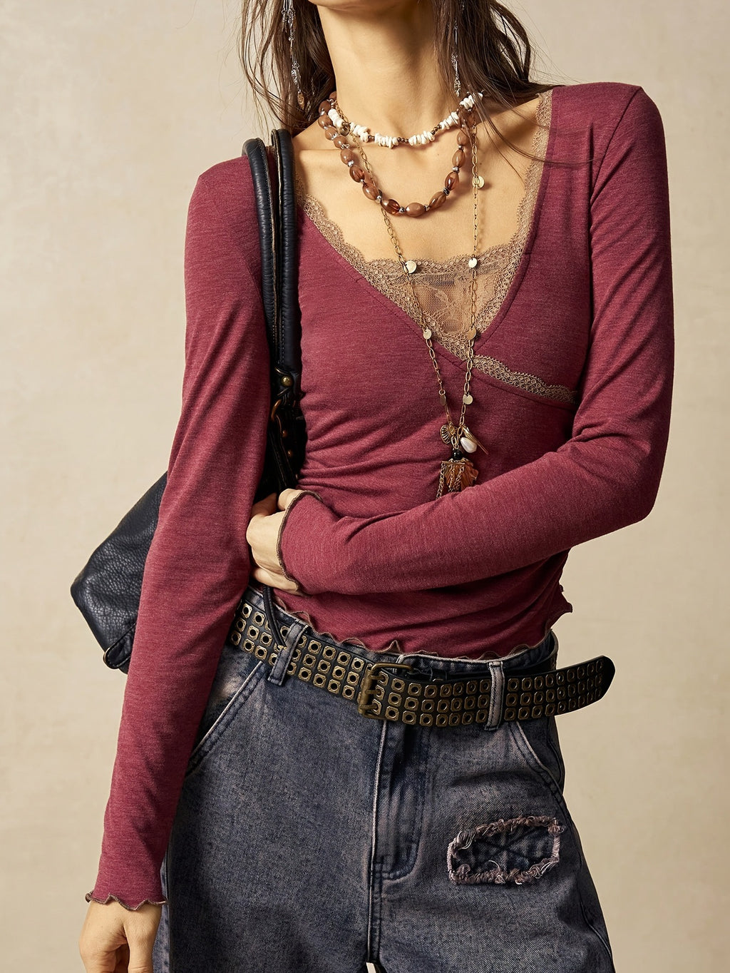Ribbed Knit Deep V Blouse With Lace Edging - WineRed - 2