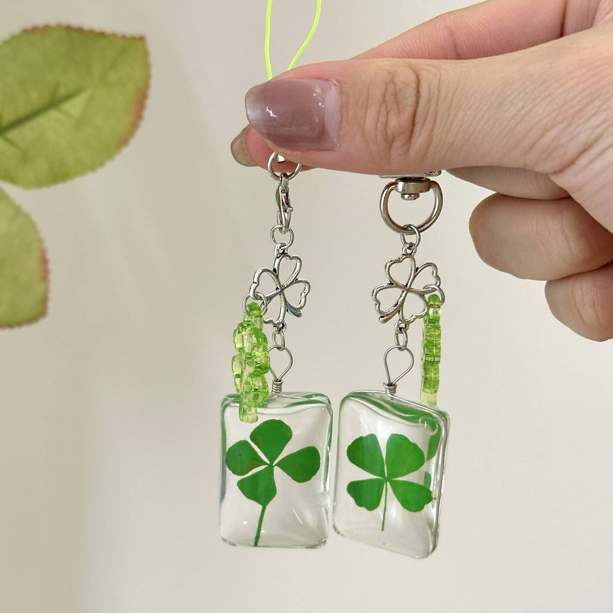 Pressed Four Leaf Clover Resin Charm Keychain