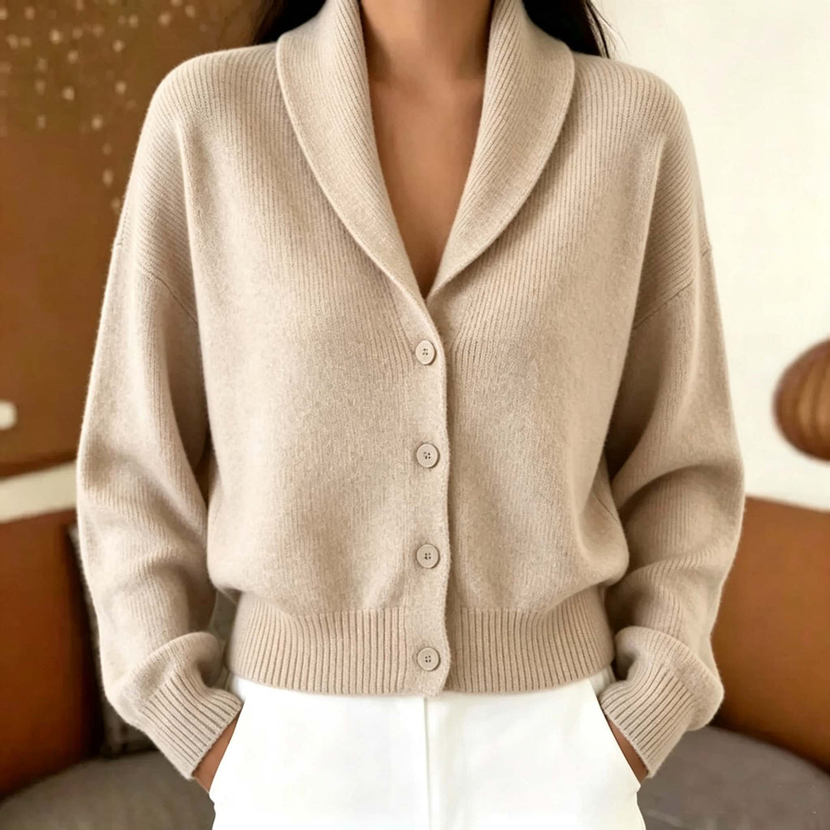 Shawl Collar Button Front Knit Cardigan Sweater - Apricot