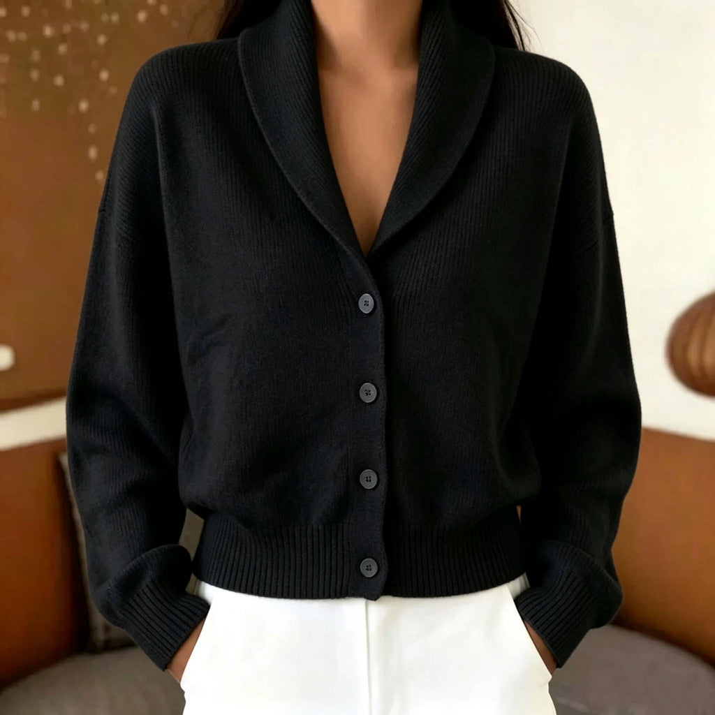 Shawl Collar Button Front Knit Cardigan Sweater - Black