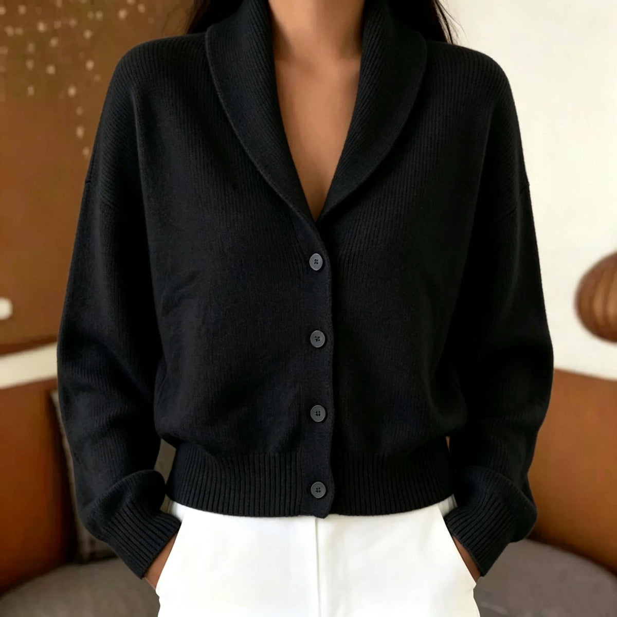 Shawl Collar Button Front Knit Cardigan Sweater - Black