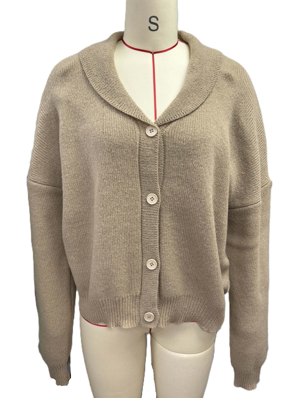 Shawl Collar Button Front Knit Cardigan Sweater - Khaki - 1