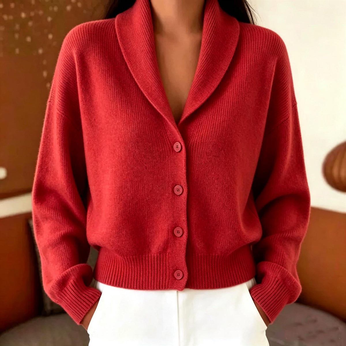 Shawl Collar Button Front Knit Cardigan Sweater - Red