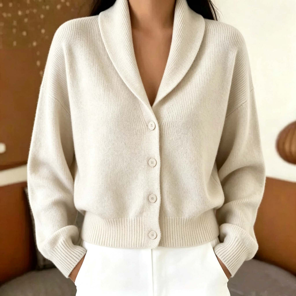 Shawl Collar Button Front Knit Cardigan Sweater - White